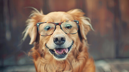 Smart and stylish dog with black glasses, isolated on grey background with space for text, Portrait of Cute happy Jack Russell Terrier dog with glasses is smiling
