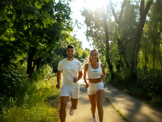 Fototapeta premium Couple jogging in the park. A young couple is training in the park. The joy of pair training.