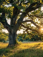 Fototapeta premium Large Oak Tree in a Meadow at Sunset