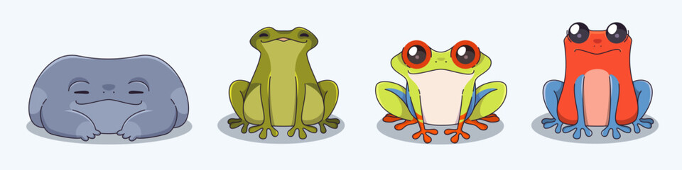 Cute aquatic and tropical frog character of different colors and species. Sitting on floor comic childish toad animal. Cartoon vector illustration set of funny amphibian creature and froglet mascot.
