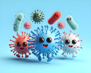3d cartoon character cute fun many strains of pathogens on blue background
