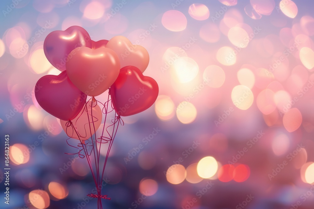 Poster a cluster of heart-shaped balloons against a soft, romantic backdrop of a city skyline at dusk. gene