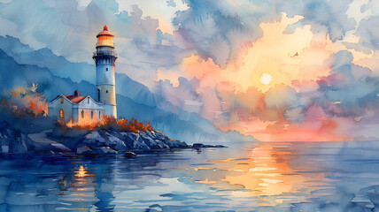 Obraz premium Watercolor painting depicting a lighthouse scene at sunset, ocean, sea, lighthouse, sunset, sun, clouds, water, nature, landscape, drawing, hobby, watercolor, art, and AI-generated.
