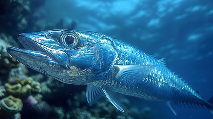 Fototapeta premium Blue fish swimming underwater near coral reef