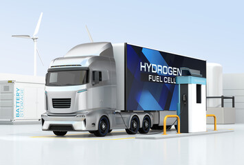 Fuel Cell Truck refueling in Hydrogen Station. The station equipped with wind turbine, H2 Gas Tanks and Container Battery Storage system. 3D rendering image.
