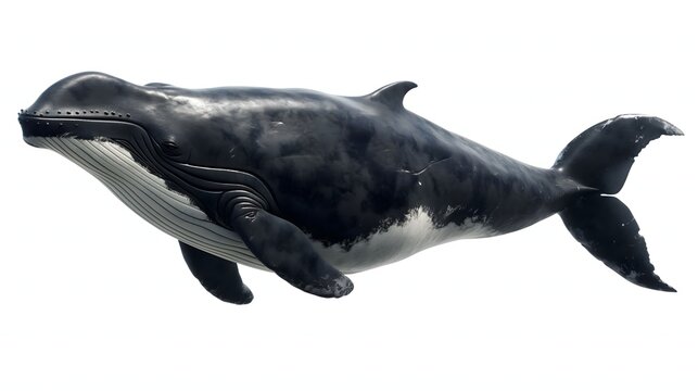 2. Create an isolated, white-background image of a bowhead whale featuring its entire body, including its robust build and large flippers, devoid of any text or logos, to highlight its unique