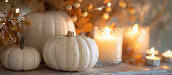 Close-up of a cozy autumn arrangement featuring white pumpkins and lit candles