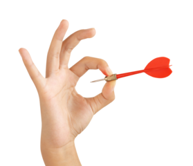 hand with dart on white. people hand gesture for sport concept