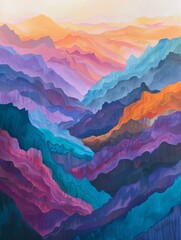 Abstract Mountain Range Painting With Vivid Colors At Sunrise