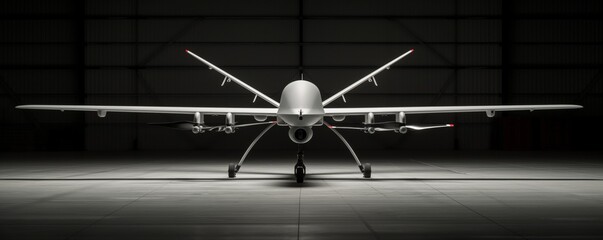 A large military drone sits poised in a dimly lit hangar, armed with an array of weapons ready for its next mission, highlighting its imposing structure in the shadows.