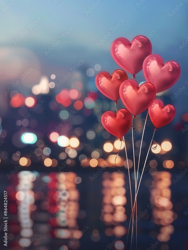 Poster a romantic evening cityscape with a cluster of heart-shaped balloons floating against a blurred back