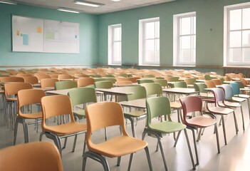 Fototapeta premium class room, chairs in the class room, empty class room, colorful chairs in the class room