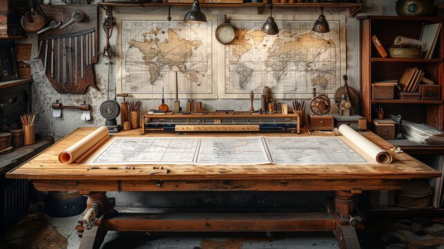 Vintage map room with drafting table and tools