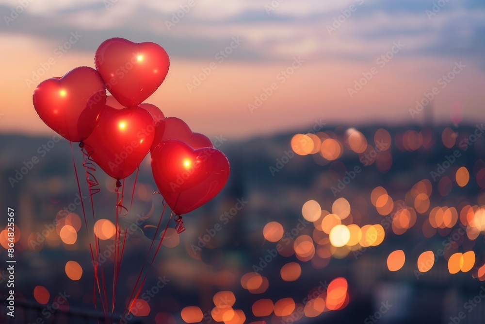 Poster A cluster of heart-shaped balloons floats against a backdrop of city lights at dusk, creating a romantic and festive atmosphere. Generative AI