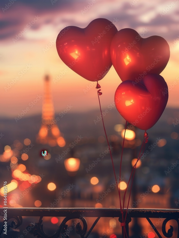 Poster A close-up of red heart balloons floating against a backdrop of a romantic cityscape at twilight. Generative AI