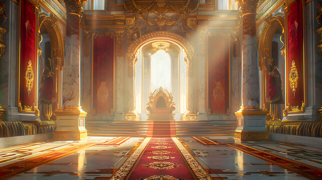 Red carpet leading to a king throne inside of the palace castle