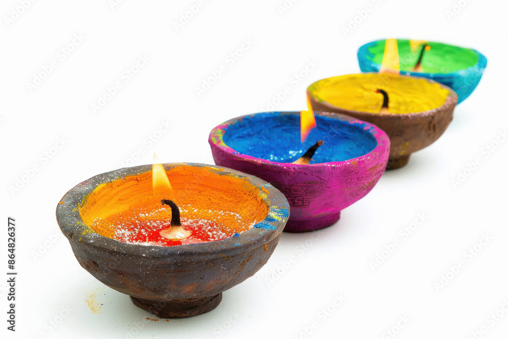 Sticker diwali oil lamp on white background