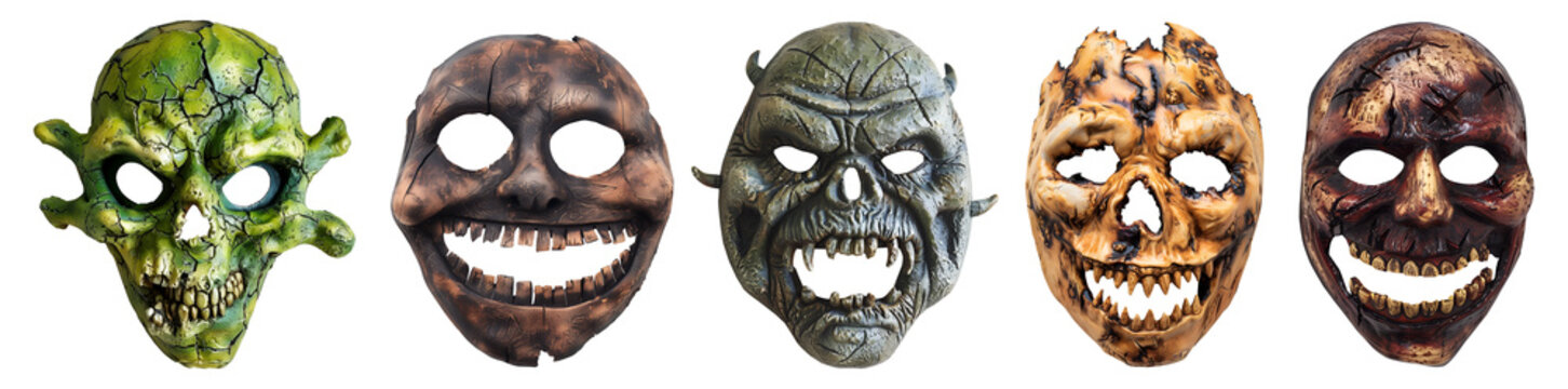 Set collection of scary monster face mask on transparent background cutout. PNG file. Many assorted different design. Mockup template for artwork
