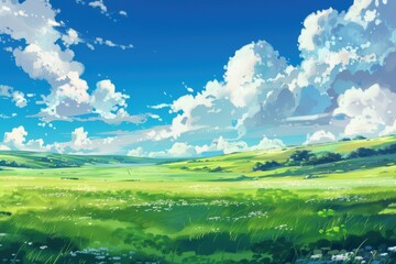Obraz premium Beautiful green meadow with rolling hills and bright blue sky with white clouds in animated cartoon style. Concept of nature, landscape, summer, and idyllic scenery