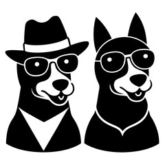 Two dogs wearing hats silhouette vector style illustration. 