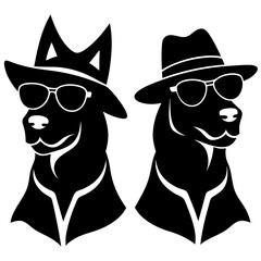 Two dogs wearing hats silhouette vector style illustration. 