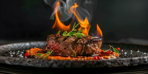 Flaming Grilled Beef Steak. Concept Grilling Tips, Steak Seasoning, Meat Doneness Levels, BBQ Techniques