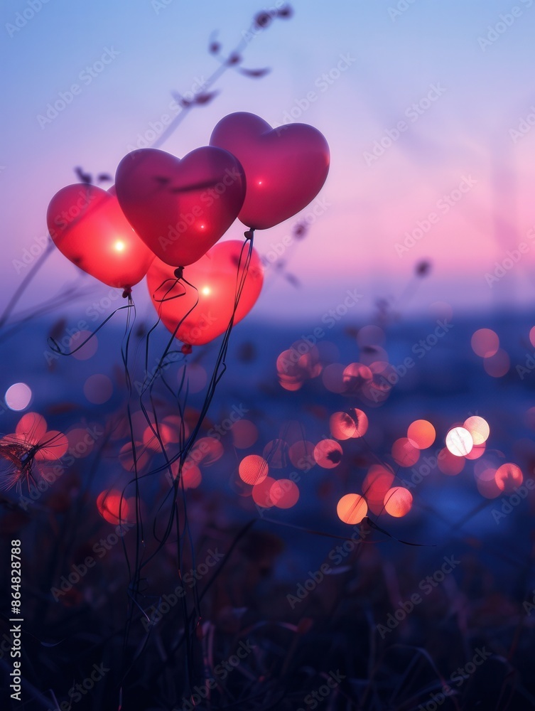 Poster a close-up image of heart-shaped balloons against a backdrop of city lights at dusk. generative ai
