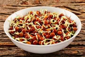 sprouted beans, chickpeas, protein, healthy, diet food, tasty, delicious, bowl, breakfast, meal, dinner, lunch, top view, pumpkin, salads, cold, ceramic, bowl, bar, rustic background, wooden, texture,