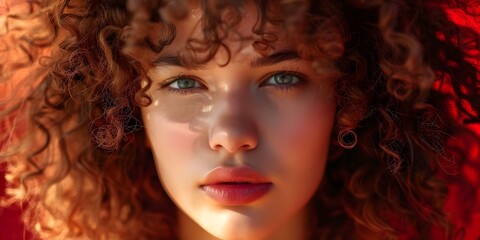 Fototapeta premium Celebrating Women's Day with an Abstract Background Featuring a Beautiful Girl with Curly Hair. Concept Women's Day Celebration, Abstract Background, Curly Hair, Beautiful Girl, Creative Photography