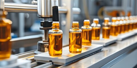 How an automated production line in a modern factory creates luxury cosmetic packaging with amber liquid. Concept Luxury Cosmetics, Automated Production Line, Modern Factory, Amber Liquid