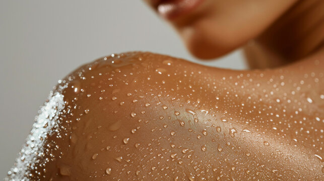 Close-up of a woman’s shoulder with water droplets, showcasing smooth and hydrated skin.