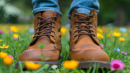 Earthing or Grounding Shoes. Brown boots in a field of colorful wildflowers