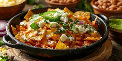 Vibrant Mexican Chilaquiles Served with Cilantro Cheese and Side of Beans. Concept Mexican cuisine, Chilaquiles, Cilantro, Cheese, Beans