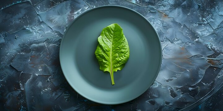 Symbolism of a lettuce leaf on an empty plate Dieting, weight loss, and eating disorders. Concept Healthy Eating, Nutrition, Body Image, Emotional Wellness, Mental Health
