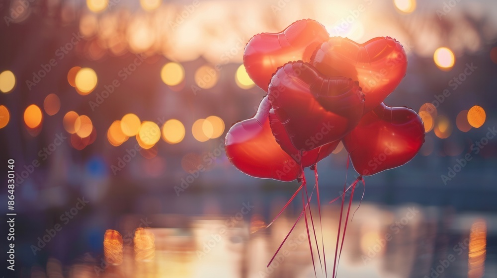 Poster a cluster of red heart-shaped balloons against the backdrop of a romantic evening in a park or on a 