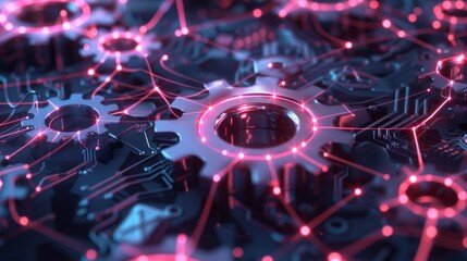 Abstract image of a futuristic gear mechanism integrated into circuit board, featuring glowing pink and blue elements. The intricate design showcases interlocking gears and advanced digital components