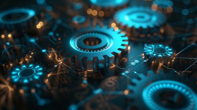 Abstract image of a futuristic gear mechanism with glowing blue and orange elements. The intricate design showcases interlocking gears and digital circuit board components in a high-tech environment