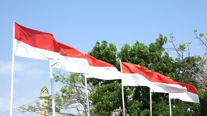 Many large red and white Indonesian flag flutters in the strong wind ahead of the Independence Day of the Republic of Indonesia.