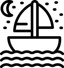 Simple line art icon of a sailboat sailing at night on the waves