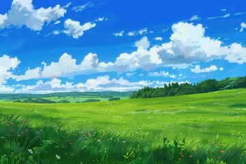 Beautiful green meadow with blue sky and white clouds, scenic landscape with lush grass and hills.