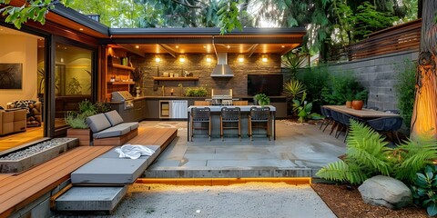 Modern backyard patio designed for entertainment and cooking. Concept Outdoor Living Space, Entertaining Patio, Cooking Area, Modern Design, Backyard Entertainment