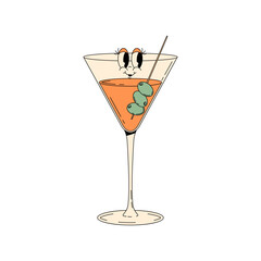 Retro groovy character summer cocktail. Funky alcohol drink Martini with cute smile face. Vintage vector illustration 70s, 80s style