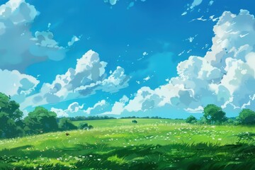 Beautiful anime style landscape with green meadow and blue sky. Idyllic illustration of nature and peace.