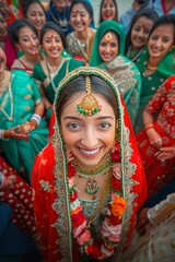 Fototapeta premium Indian bride smiling surrounded by guests wearing colorful sari dresses