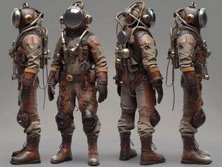 Steampunk diver wearing  vintage diving suit posing in different poses