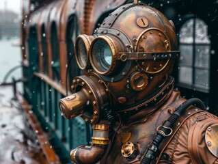 Steampunk model posing with helmet and respirator near train