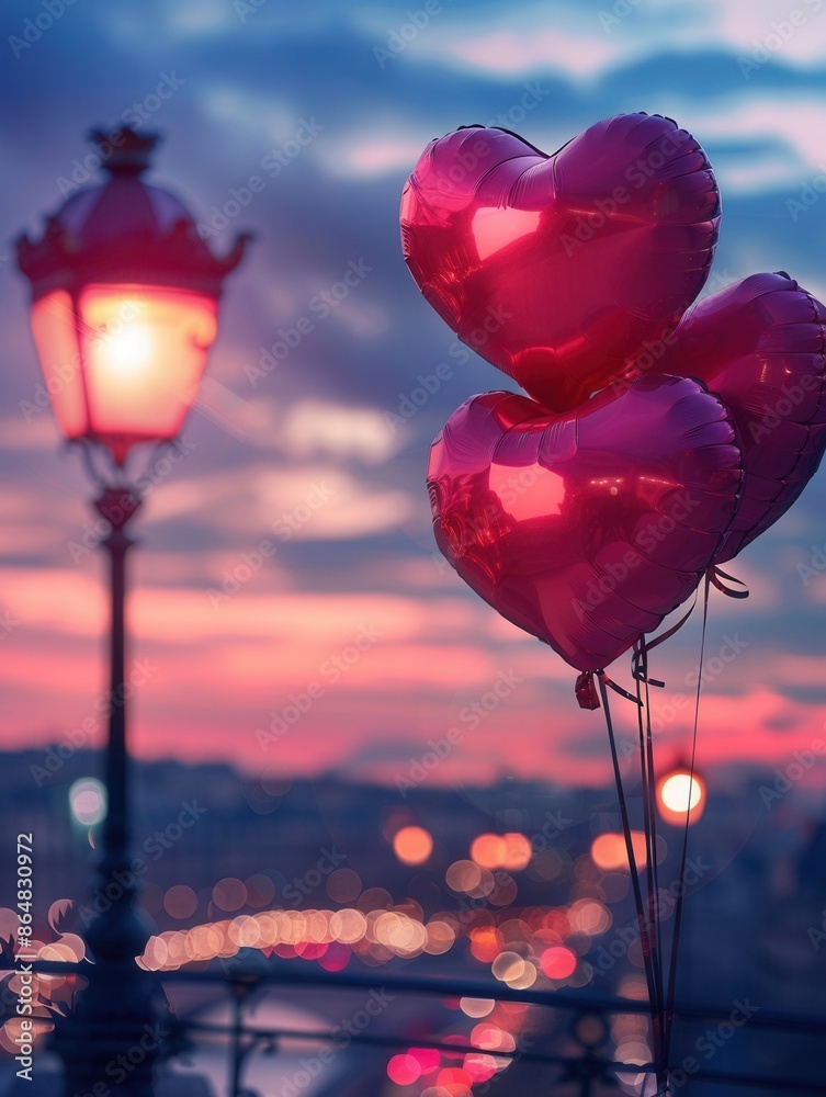Poster a beautiful image featuring heart-shaped balloons floating in the evening sky, with a soft glow from