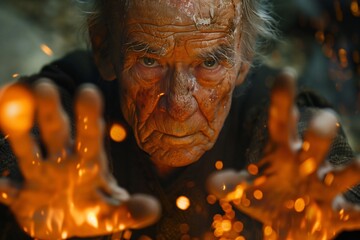 Obraz premium Senior man conjuring with fire in his hands