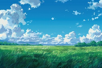 Obraz premium Stunning Landscape of a Lush Green Field With Fluffy White Clouds on a Sunny Day