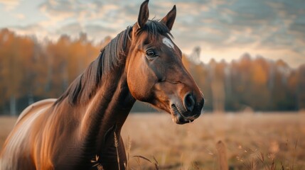 A brown horse is standing in a field with a cloudy sky in the background